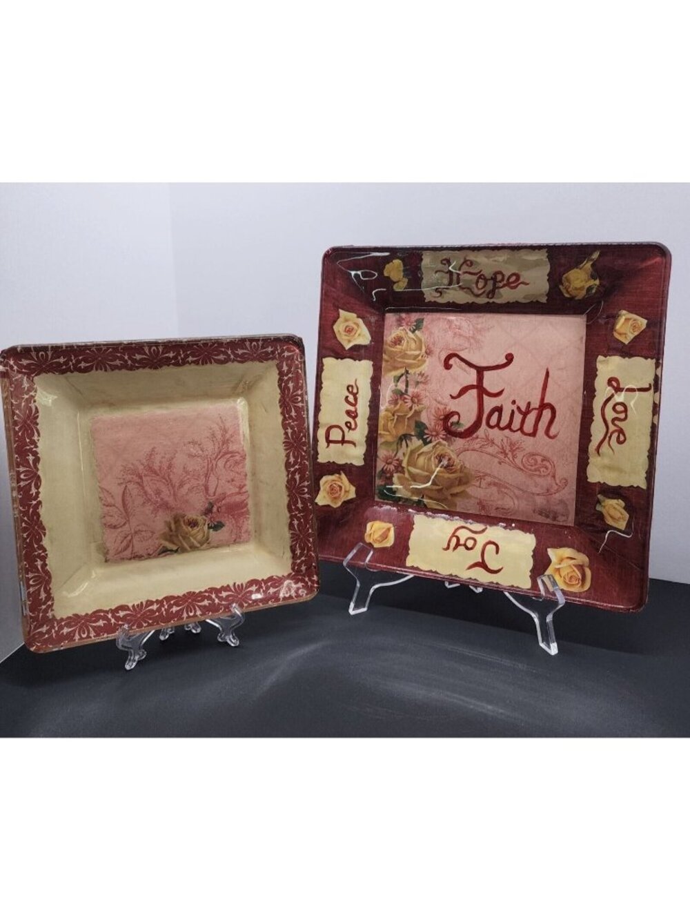 Vtg Mod Podge Plates Square Glass Set Maroon Faith Love Joy Design 10" & 8"